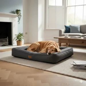 A large golden retriever resting on a grey orthopaedic memory foam dog bed in a modern British living room with a fireplace and parquet flooring. memory foam dog bed uk