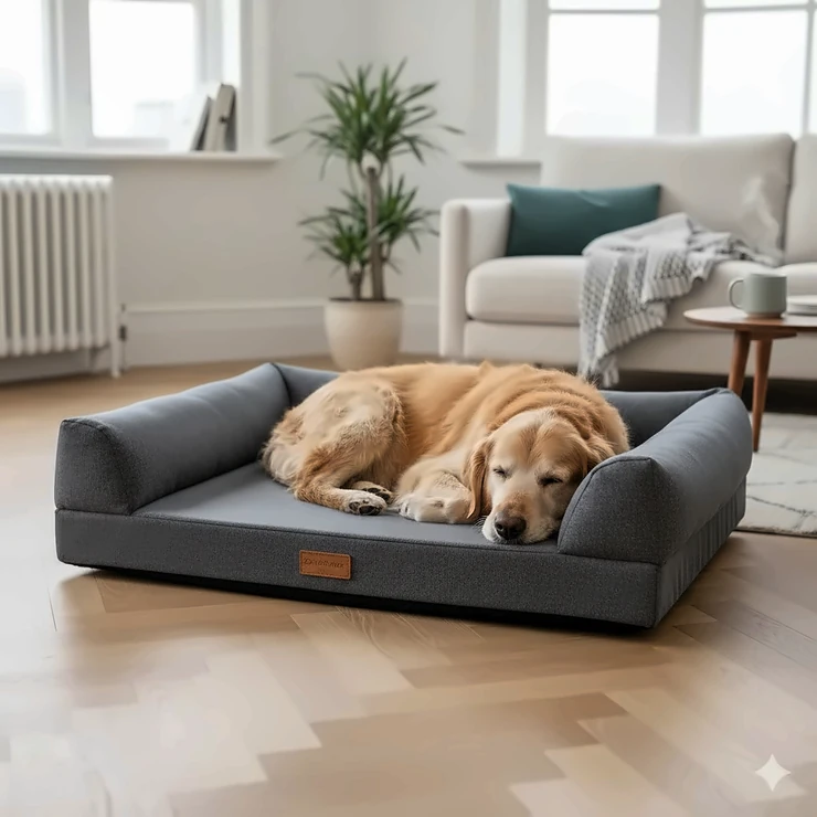 A senior Labrador Retriever resting on a grey orthopaedic memory foam dog bed in a modern UK living room. best dog beds for senior dogs uk
