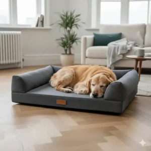 A senior dog using a raised bolster edge as a pillow to support its neck and spine.