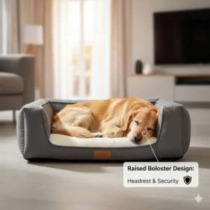 A dog bed with raised cushioned bolsters acting as a headrest, providing a sense of security and extra neck support for sleeping pets.