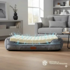 Illustration showing airflow through breathable foam layers to help large dogs stay cool in summer.