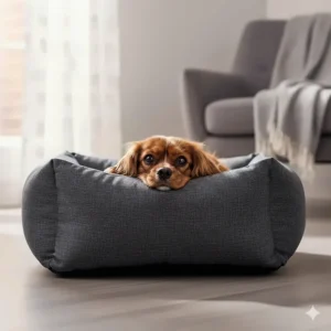 A nervous dog feeling secure in a memory foam bed with raised bolster edges for head support.