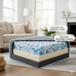 A cross-section diagram of a dog bed featuring cooling gel layers to help soothe inflamed joints in arthritic dogs.