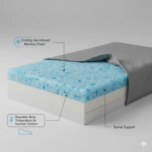 An infographic highlighting cooling gel-infused memory foam layers designed to prevent dogs from overheating during British summer months.
