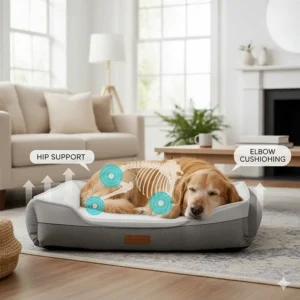 An illustration showing how a memory foam dog bed supports a dog's joints and relieves pressure on hips and elbows.