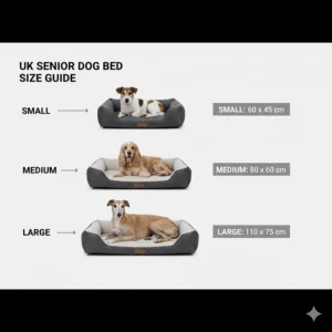 Size chart for senior dog beds featuring UK breeds like Spaniels, Labradors, and Greyhounds.