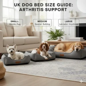 A size chart for arthritis dog beds featuring popular UK breeds like Labradors, Spaniels, and Greyhounds.