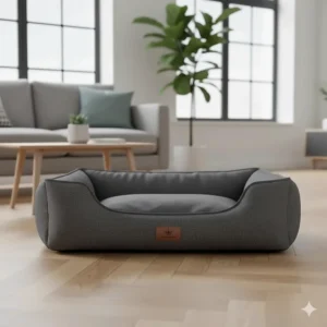 A stylish charcoal grey memory foam dog bed complementing a contemporary UK home interior design.