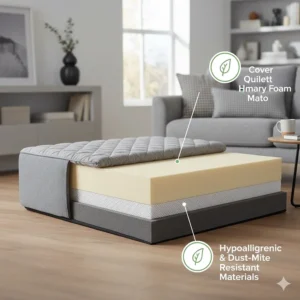 Graphic highlighting hypoallergenic and dust-mite resistant materials used in premium orthopaedic dog bedding.