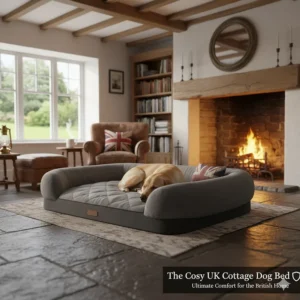 A large grey memory foam dog bed placed beside a fireplace in a cosy, traditionally styled British cottage living room.