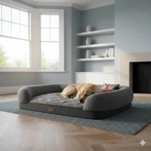 A large memory foam dog bed in charcoal grey, featuring supportive bolsters and a sleeping Labrador in a modern British home setting.