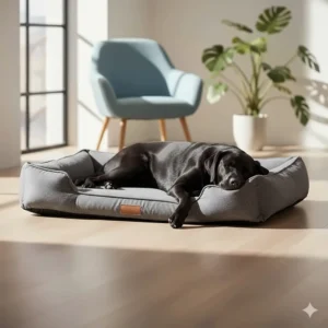 A black Labrador stretched out comfortably on a plush, extra-large memory foam dog bed.