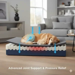 Cross-section illustration showing memory foam layers providing pressure relief for a large dog's joints.