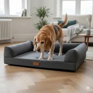 Close-up of a low-entry dog bed design allowing easy access for senior dogs with arthritis.