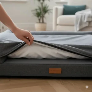 A removable, machine-washable dog bed cover being zipped off for easy cleaning.