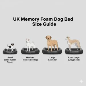 A size comparison chart for the best memory foam dog bed UK sizes, ranging from Jack Russells to Greyhounds and Labradors.