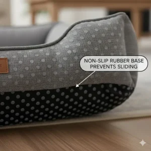 A close-up illustration of the non-slip rubber studded base of a dog bed to prevent sliding on wooden or tiled floors.