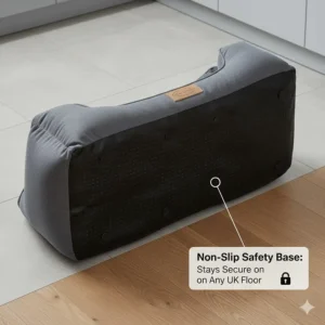 Underside view of a dog bed featuring a non-slip rubberised grip base, ideal for safety on kitchen tiles or polished wood floors.
