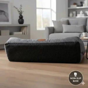Underside of a large dog bed showing the non-slip rubber grip material for safety on wooden floors.