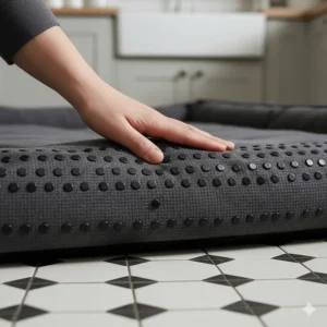 A detailed view of the anti-slip bottom layer of a dog bed resting on a classic British tiled kitchen floor.
