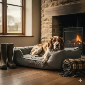 A tired Spaniel resting on a grey memory foam dog bed after a walk in the British countryside, highlighting comfort and durability.