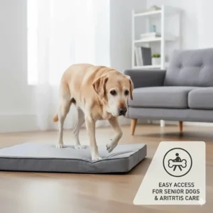 Illustration of an elderly Labrador stepping easily onto a low-profile orthopaedic bed designed for arthritis.