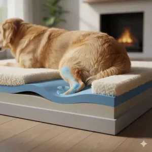 Close-up illustration showing memory foam layers providing pressure relief and joint support for an older dog.