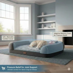 Illustration demonstrating how a memory foam dog bed provides pressure relief for senior dogs suffering from arthritis.
