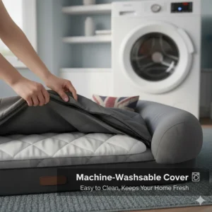 Close-up shot of a removable, machine-washable outer cover for easy cleaning of a large orthopaedic pet bed.