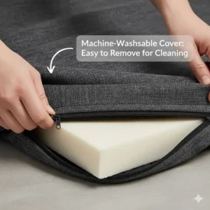 An illustration showing a removable velvet cover being zipped off for machine washing, essential for keeping British dog beds clean after muddy walks.