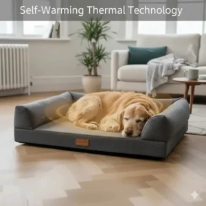 Thermal dog bed with heat-reflecting technology to keep arthritic joints warm during British winters.