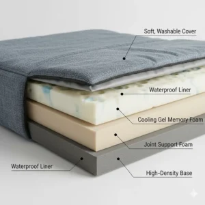 Diagram showing high-density memory foam layers that provide joint support for older dogs.
