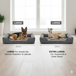 Size chart comparing orthopaedic dog beds for large breeds like German Shepherds and Greyhounds.