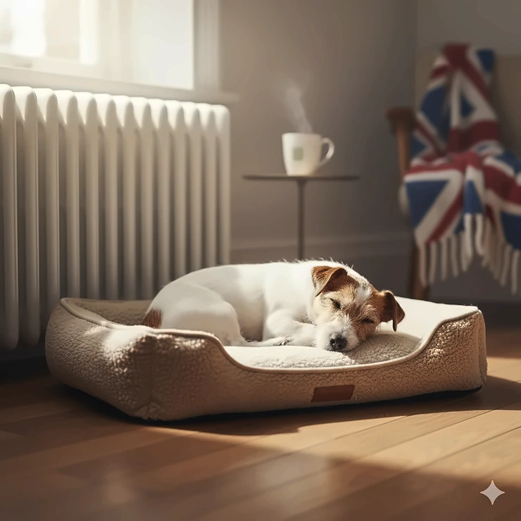 A Jack Russell Terrier curled up on a small memory foam dog bed near a traditional home radiator.