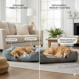 A side-by-side comparison showing a dog sinking through a standard fibre-filled bed versus being supported by a high-density memory foam bed.
