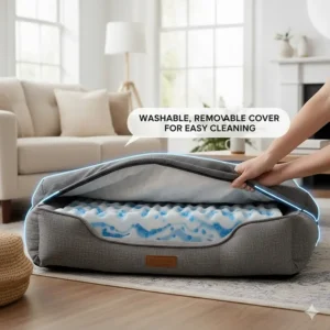 An illustration of a removable, machine-washable cover being zipped off an orthopaedic dog bed for easy cleaning.