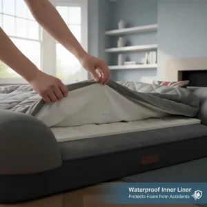 An internal waterproof liner protecting the memory foam core from accidents, moisture, and dampness.