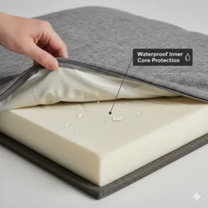 Close-up illustration of a protective waterproof inner liner that keeps the memory foam core dry from wet paws and accidents.