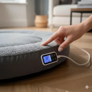 Hand adjusting the digital thermostat on a heated pet mat to a safe, comfortable temperature.