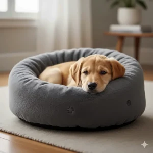 Close-up of a Golden Retriever nestled into the raised bolstered rim of a calming dog bed, designed to provide a sense of security and anxiety relief.