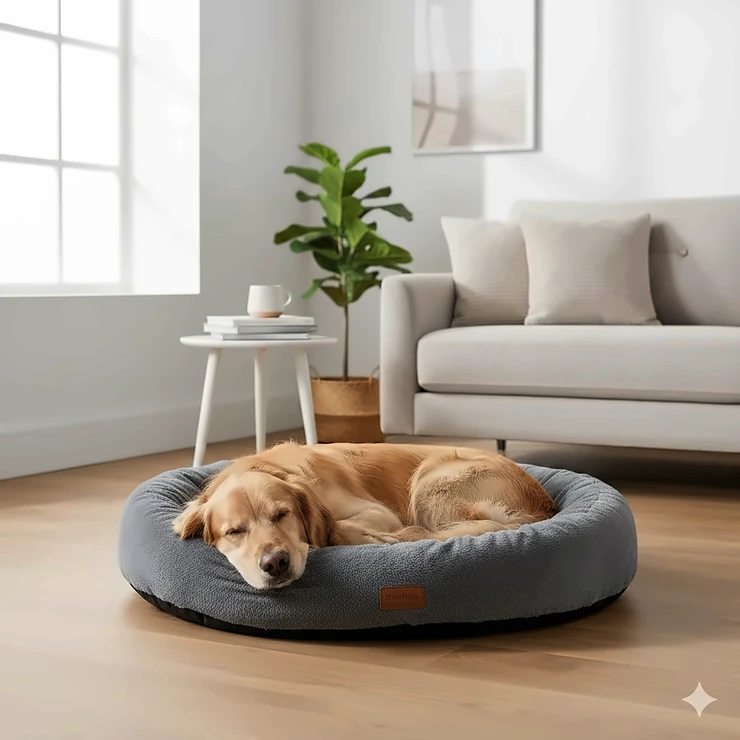 A relaxed Golden Retriever sleeping deeply in a plush grey doughnut-shaped calming dog bed in a contemporary British living room with soft, natural morning light. best calming dog bed UK