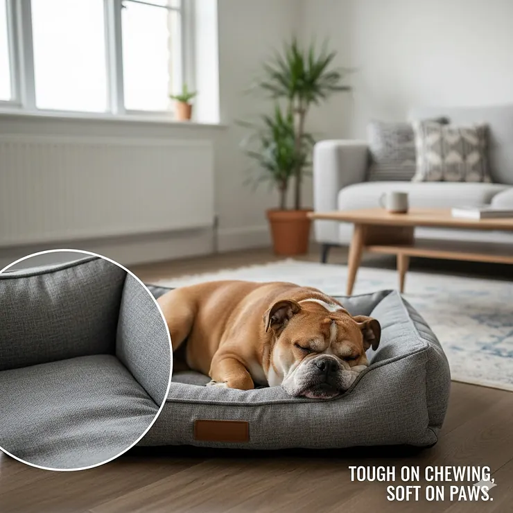 A durable, grey orthopaedic dog bed for chewers designed with tear-resistant fabric, shown in a modern British living room. dog bed for chewers