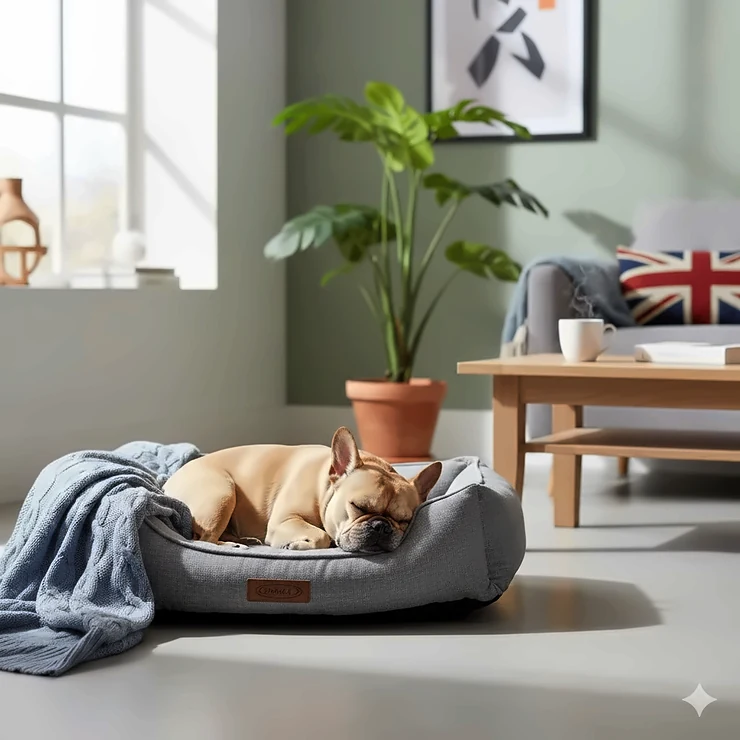 A fawn French Bulldog curled up asleep in a grey orthopaedic dog bed in a modern British living room. dog bed for French Bulldog