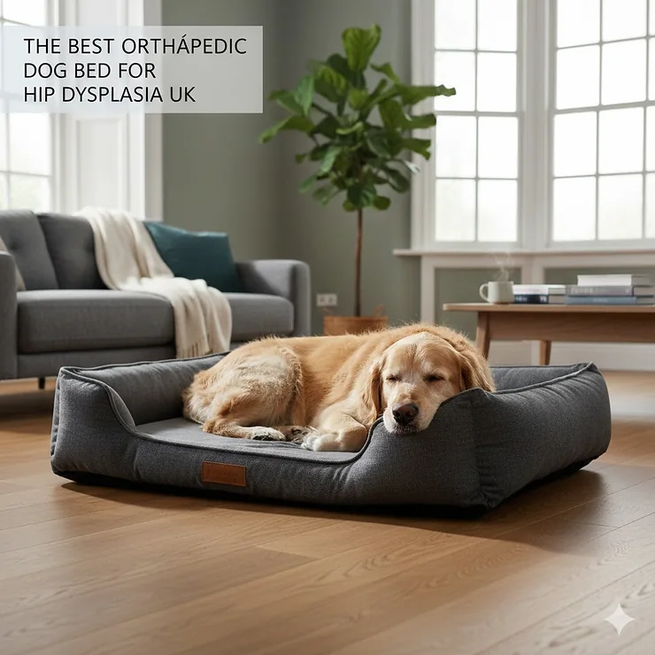 A senior Golden Retriever resting comfortably on a grey orthopaedic memory foam dog bed in a modern British living room. best dog bed for hip dysplasia UK