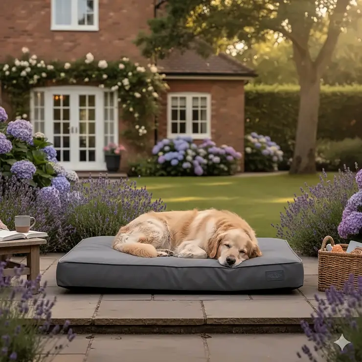 A large golden retriever resting on a grey outdoor waterproof dog bed on a paved garden patio in the UK. outdoor waterproof dog bed