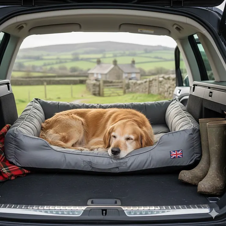 A golden retriever sleeping in a grey lightweight travel dog bed inside a car boot, with a backdrop of the British countryside and a stone cottage. travel dog bed lightweight