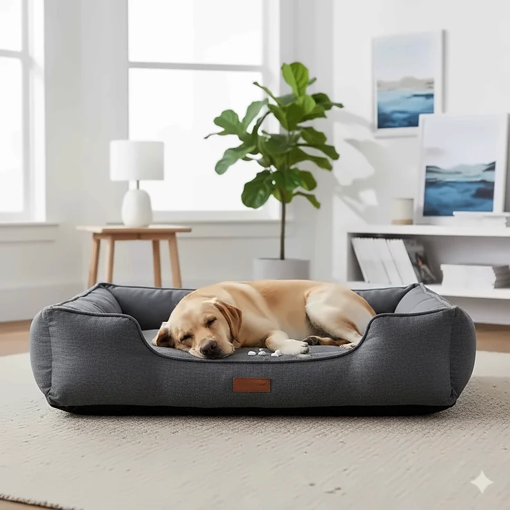 A happy Labrador retriever resting comfortably on a grey waterproof dog bed in a British living room, representing the best waterproof dog beds for UK owners.