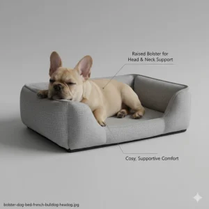 A French Bulldog resting its head on the raised bolster edge of a supportive dog bed for neck comfort.