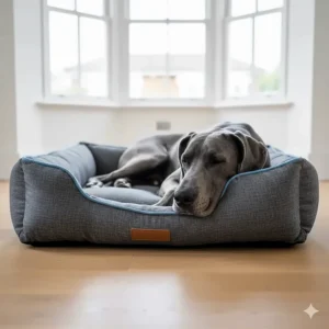 Alt text for image 7: An anatomical illustration showing memory foam pressure relief and ergonomic joint support for a large dog lying on a bed.