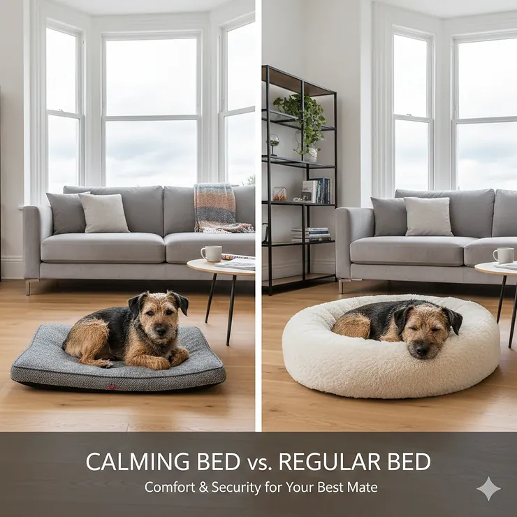 Side-by-side comparison of a dog on a standard flat mattress versus a plush doughnut-style calming bed in a British living room. calming bed vs regular dog bed